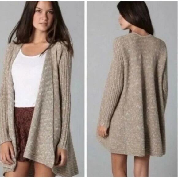 Free People Sweater Womens XS Beige Open Front Ribbed Knit Cardigan Heathered - Picture 2 of 8